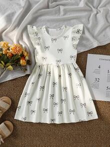 Girls Ivory White Elegant Cute Butterfly Print Princess Dress, Cap Sleeve Round Neck Dress, Spring/Summer - Beige - View 6