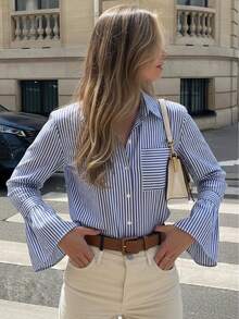 Women's Elegant Spring/Summer New Striped Shirt, Flared Sleeves, Chest Pocket, Contrast Color Striped Long Sleeve Shirt, Business Meeting, Casual Gathering, Fashion Striped Contrast Color Pocket Front Button Striped Flared Sleeve Shirt Single Item, Office Daily, Airport, Dating, Back To School, Party, Spring/Summer - Blue - View 6
