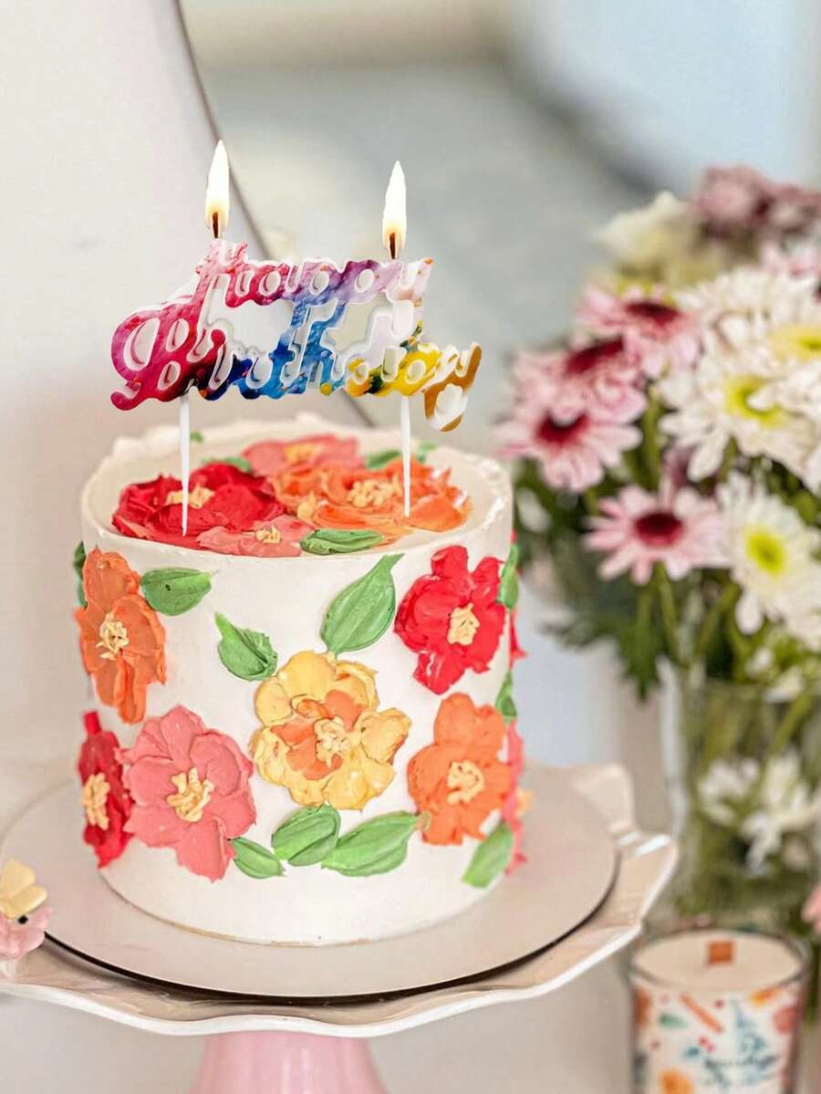 多色渐变生日快乐图案蜡烛，随机发货，适用于生日派对蛋糕装饰 - 彩色 - 查看 1