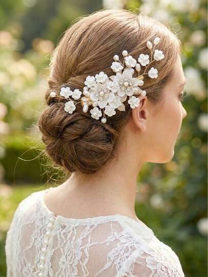 1件珍珠花朵装饰手工扭边发夹，女士优雅头饰，情人节配饰，婚礼发饰