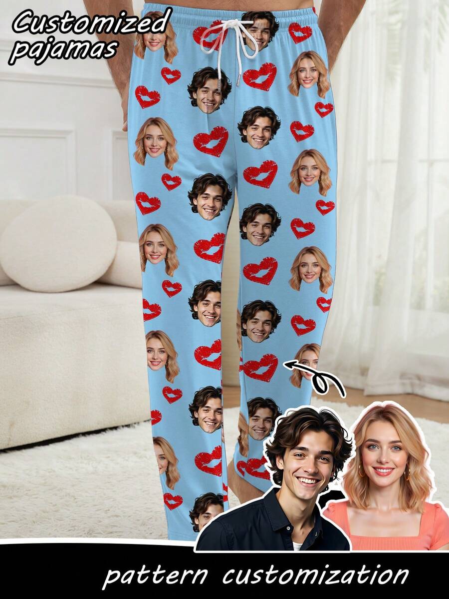 Customized Men's Portrait & Heart Print Pajama Set, Casual Lounge Pants - Blue - View 1