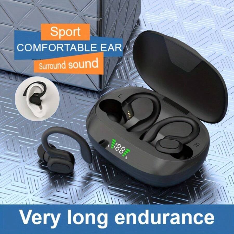 True Wireless Earbuds, TWS Earphones With Microphone, Sports Ear Clip Earphones, Stereo In Ear Earphones With LED Display Screen - 黑色 - 查看 1