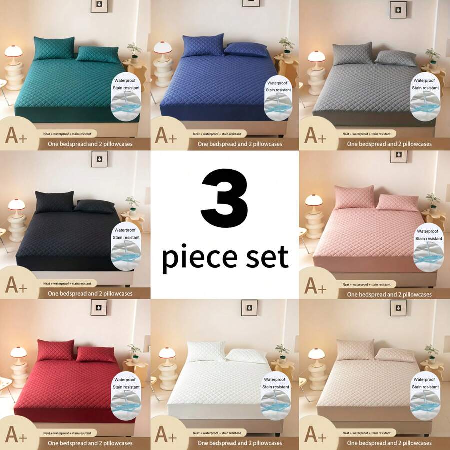 belibuy Juego de 2/3 piezas, sábana ajustable impermeable multicolor, protector de colchón impermeable, incluye sábana ajustable y funda de almohada, funda protectora antideslizante de cobertura total. - Gris - Ver 1