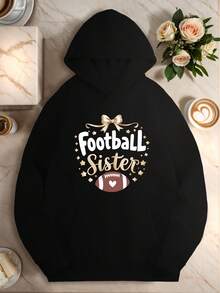 Cozy Plus Size Women-S Hoodie With Football Sister Print - Longeeve, Drawstring,  Pocket  Casual Polyester For FallWinter - 黑色7 - 查看 1