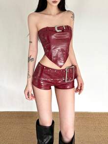 Top Dazzle Women's Sleeveless Strapless Cropped Alligator PU Leather Tube Top With Asymmetrical Hem And Buckle Detail, Grunge Style - Red - View 6