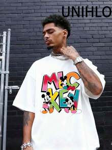 Disney UNIHLO Street Life Men's Casual Loose  Mickey Cartoon  Print Short Sleeve T-ShirtSummer - trắng - Xem 1