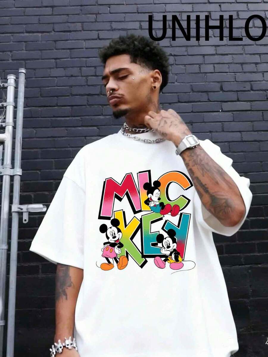 Disney UNIHLO Street Life Men's Casual Loose  Mickey Cartoon  Print Short Sleeve T-ShirtSummer - trắng - Xem 1