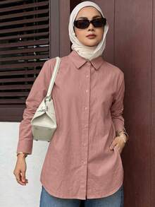 DAZY Ladies' Solid Color Front Button Casual Long Sleeve Shirt,Fall Clothes - Pink - View 1