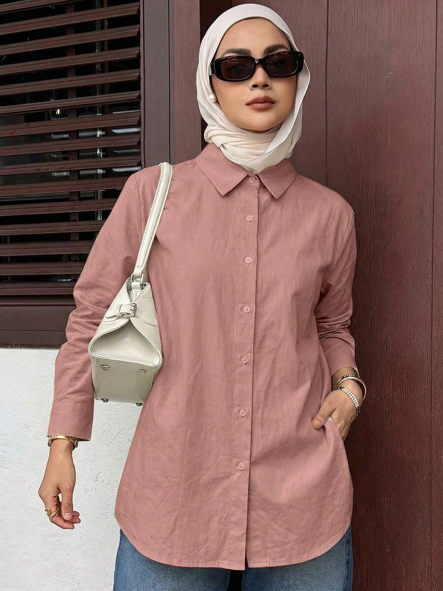 DAZY Ladies' Solid Color Front Button Casual Long Sleeve Shirt,Fall Clothes - Pink - View 1
