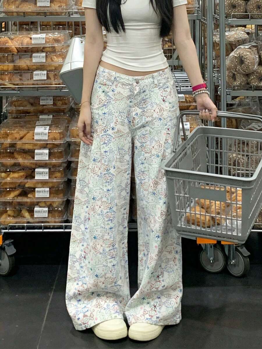 Women's Loose High Waist Casual Graffiti Cartoon Print Dragging Jeans - White - View 1