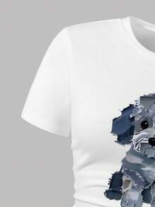 Youth Girl Cartoon Print Short Sleeve Top And Denim Mini Skirt - White - View 3