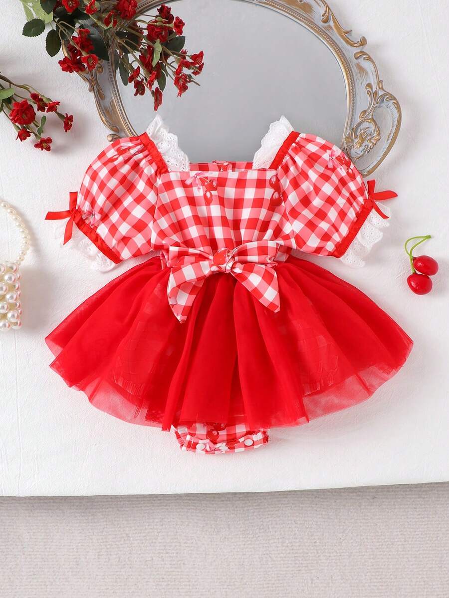 1pc Baby Girls' Cute Red Plaid Mesh Dress, Spring/Summer - Đỏ - Xem 1
