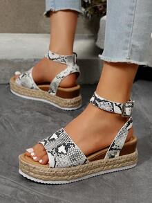 夏季时尚休闲草编搭扣露趾交叉编织绳平底凉鞋，纯色金属搭扣编织后系带女鞋，适合度假和通勤，经典黑白蛇纹厚底坡跟凉鞋 - 黑白蛇紋 - 查看 5