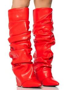 Women's Slouched Ruched Fold Over Boots - Patent Leather Covered Wedge Heel Wide Calf Pointed Toe Knee High Casual Boots - Red - View 4