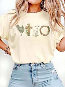 Camiseta  Feminina de Páscoa, Camiseta Gola Redonda com Estampa de Cordeiro Cartoon