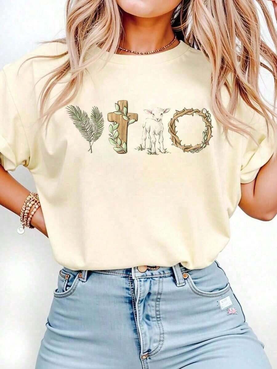 Women's Easter T-Shirt, Round Neck T-Shirt With Cartoon Lamb Print - Apricot - View 1