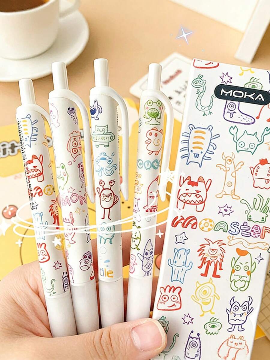 4pcs/Set Cute Monster Shaped Push Button Ballpoint Pens, Cartoon Design, High Aesthetic, 0.5mm Black Ink Pens For Students, Office, Signatures