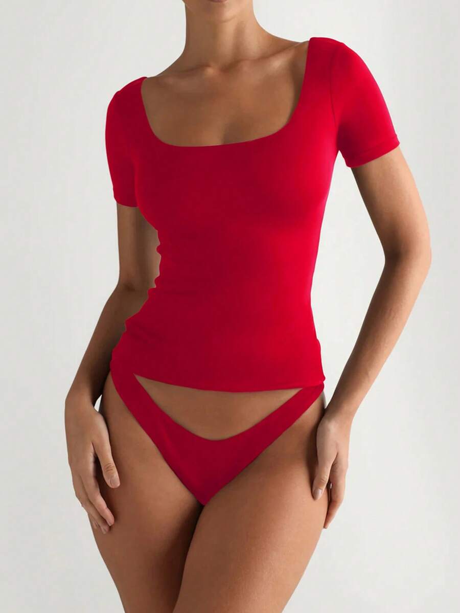 Basic Solid Color Square Neck Short Sleeve Top - Red - View 1