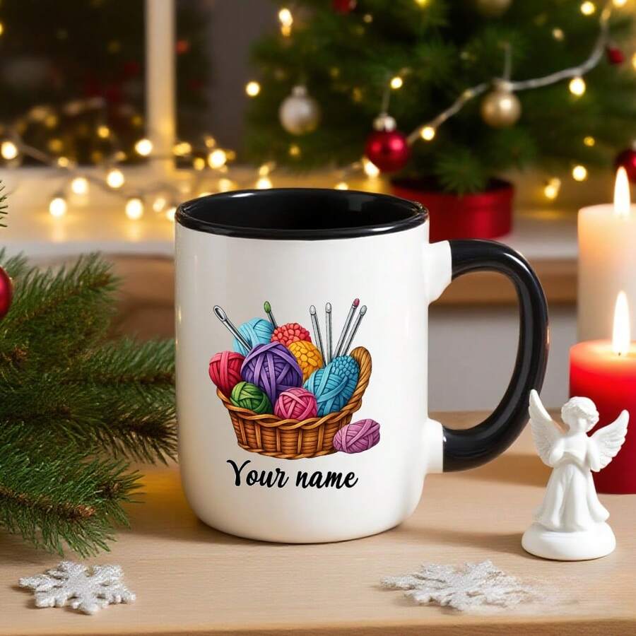 Personalized Coffee Mug, Custom Picture Text Or Logo Or Name, 11oz Ceramic Mug, Customized Gift For Men & Women, Customizable Tea Cup Basket Yarn Knitting Needles Colorful, Personalized Gifts For And, Novelty Coffee Cups, Coffee Mug Funny, Mugs - Black - View 1