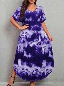大码扎染隐藏口袋弧形下摆T恤连衣裙 - 紫羅蘭色 - 查看 2