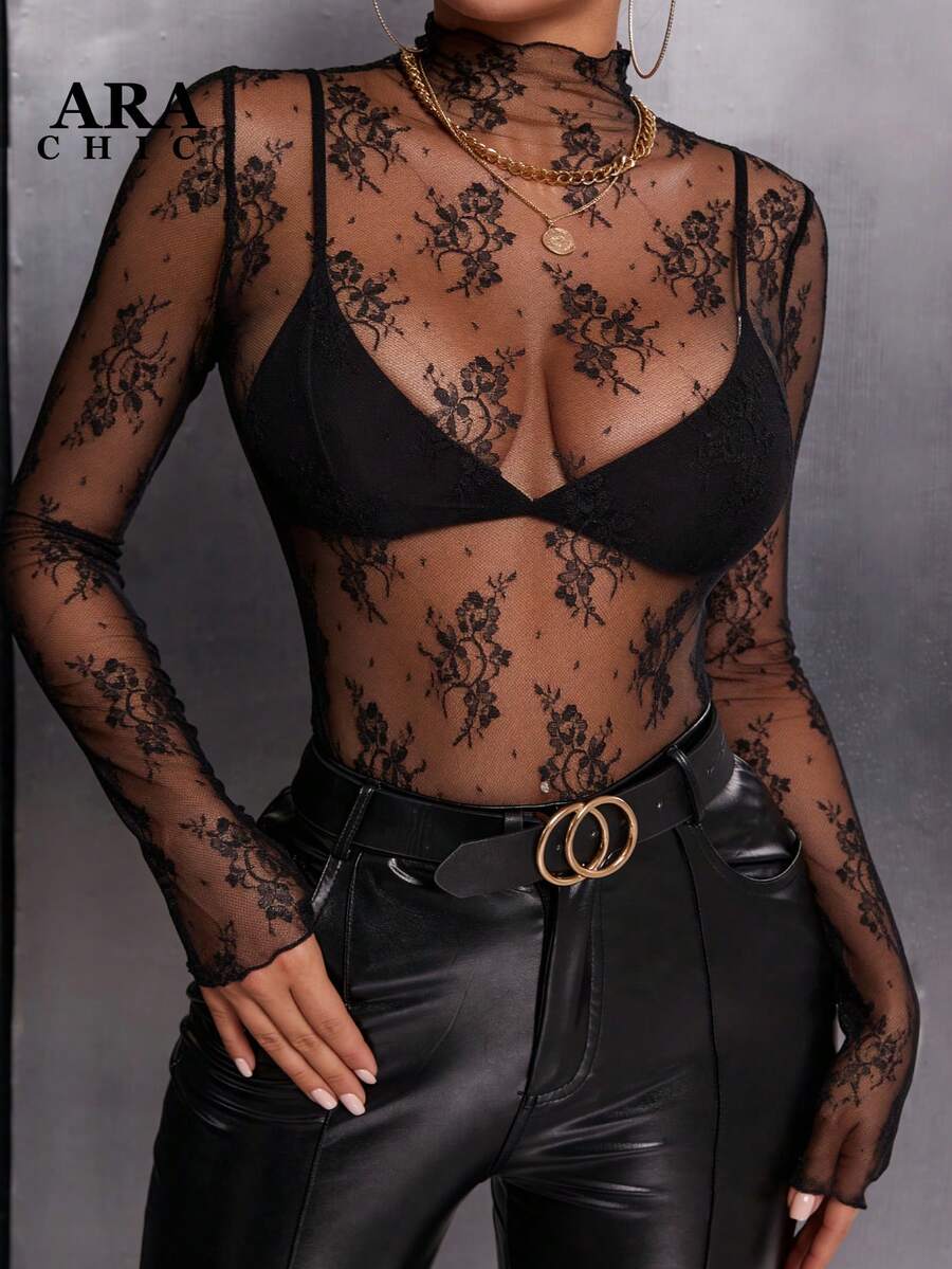 ARA CHIC Women's Black Sexy Elastic Lace Long Sleeve Top, Fashion Stand Collar Floral Sheer Pattern Elegant Layered T-Shirt, 2026 Spring Summer Resort & Date Outfit - Black - View 1