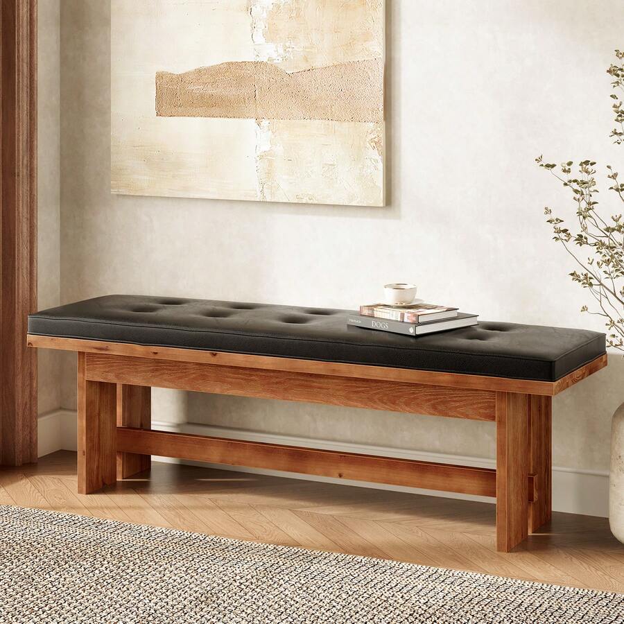 Tribesigns Solid Wood Bench With Cushion, 55" Upholstered Entryway Bench With Thickened Legs, Button-Tufted Shoe Bench Seat, Vintage Indoor End Of Bed Bench For Bedroom, Living Room, Hallway, Dark Walnut - Quả óc chó sẫm màu - Xem 1