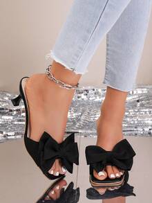 Chinelos de Salto Alto com Flor em Laço Nicho para Mulheres, Confortáveis Casuais Estilo Francês Sola Macia para Praia no Verão - Preto - Visão 3
