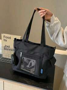 Sac fourre-tout minimaliste avec petite pochette ronde amovible, sac bandoulière en tissu souple grande capacité, convient pour les trajets quotidiens, les activités extérieures et les voyages - Noir - Voir 4