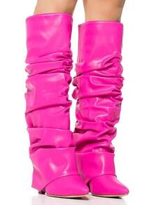 Women's Slouched Ruched Fold Over Boots - Patent Leather Covered Wedge Heel Wide Calf Pointed Toe Knee High Casual Boots - Pink - View 5