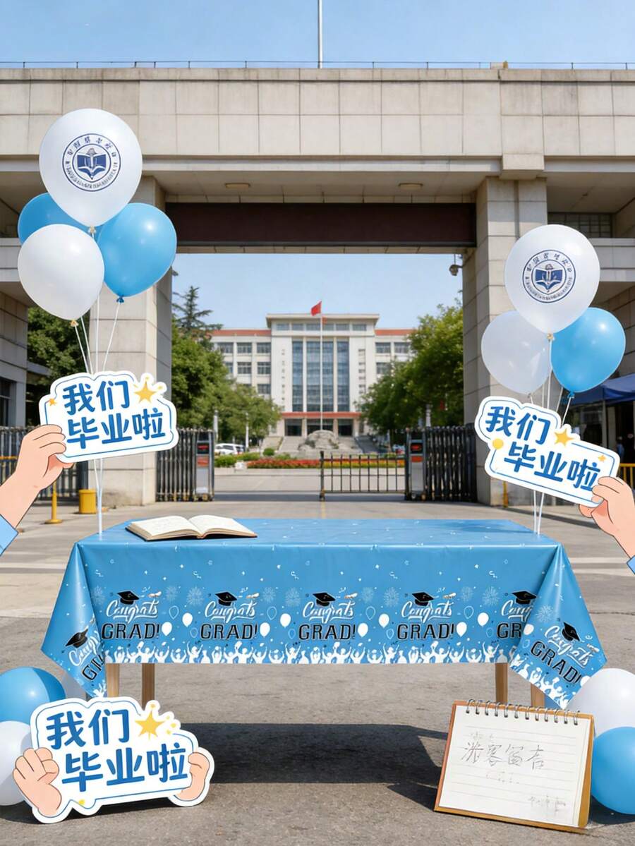 3pcs 137x274CM Graduation Theme Tablecloth - Waterproof & Stain Resistant, Burgundy/Light Blue/Blue/Purple "Congrats GRAD" Text + Graduation Cap Print, Plastic Material, Suitable For Graduation Party, Promotion Ceremony, Campus Celebration Events And Daily Use - Light Blue - View 1
