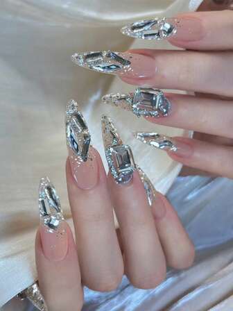 24 Pieces Of Long Almond-Shaped, French Pink Sparkling Rhinestone False Nails, Elegant Pearl Long Pointed Nails