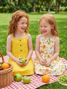 BASUSARRI 2件套女童碎花数码印花休闲无袖露肩夏季连衣裙，百搭度假风 - 彩色 - 查看 4