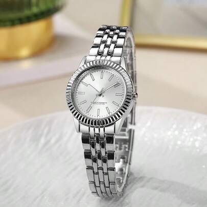 1件女士手表，时尚奢华圆形金/银色石英钢表带，适合派对、庆典、婚礼、返校季和日常佩戴，是送给女性的最佳礼物。