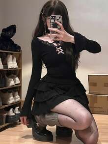 蕾丝蝴蝶结吊带连衣裙，性感设计，春季款 - 黑色 - 查看 5