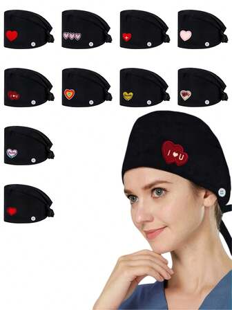 1 st. unisex svart arbetsmössa/sjuksköterskemössa i polyester med A-logotyp och svettband, justerbar remdesign, lämplig för veterinärer, tandläkare, skönhetskliniker, läkare, sjuksköterskor och städpersonal