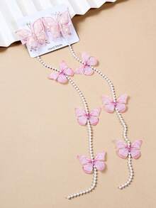 2 件装女孩蝴蝶/花朵发夹，可爱返校蝴蝶仿珍珠链流苏发夹发卡发饰，适合节日派对和日常佩戴