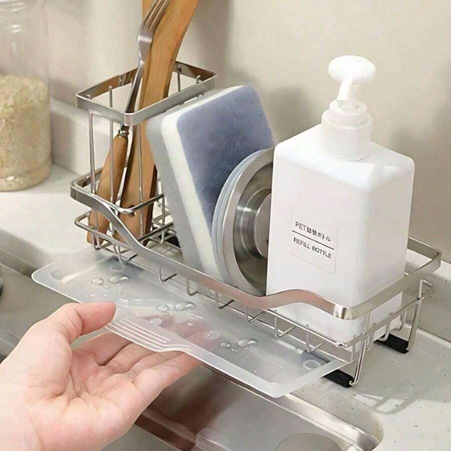 Generic Stainless Steel Sink Caddy With Dishcloth Rack, 5-Compartment Kitchen & Bathroom Sink Organizer, Silver - 黑色 - 查看 1