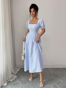 Đầm nữ Lily House kẻ sọc xanh trắng dáng rộng cổ vuông tay cánh hoa, thiết kế bèo nhún ở eo, chất liệu cotton co giãn thoải mái, tối giản và thanh lịch, phù hợp cho công sở, hàng ngày, mùa xuân, kỳ nghỉ, đi làm, hẹn hò ăn trưa, dự tiệc cưới. - Màu xanh lam - Xem 7