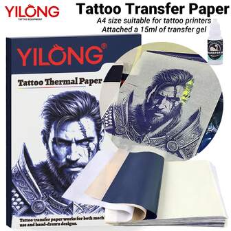 YILONG 100Sheet Professional Tattoo A4 Size Transfer Paper- Attached A 15ml Of Transfer Gel- High Quality Template Transfer, Easy Tattooing - Advanced Thermal Carbon Copy Machine - Durable And Compatible With Tattoo Supplies