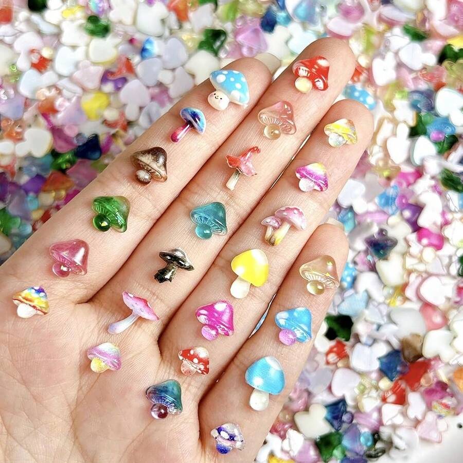 50PCS Colorful Mushroom Nail Charms 3D Mini Cute Nail Art Charms For Acrylic Nails Artificial Kawaii Resin Mushroom Nail Gems Various Designs Nail Supplies For Summer Women Manicure DIY,Gold - 金子 - 查看 1