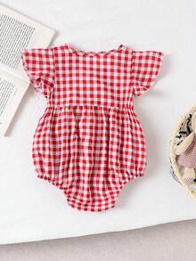 1pc Infant/Toddler Girls' Cute Red Plaid Cap Sleeve Bodysuit, Lightweight Summer - Red - View 2