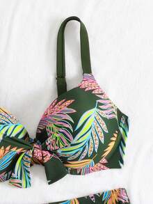 RWX VEST Plus Size Bikini Set With Floral Print, Tie-Up Top And Front Detail - XX561 - 軍綠色 - 查看 3