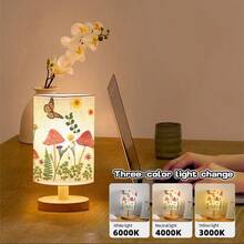Mushroom  Patterns Desk Lamp LED Bulb Included(Three Lighting Settings), Small Bedside Table Lamp - Classic Wood Base With Flaxen Fabric Shade, Lamps For Night Stands, Simple Nightstand Light For Bedroom, Office, Desk - 彩色 - 查看 8