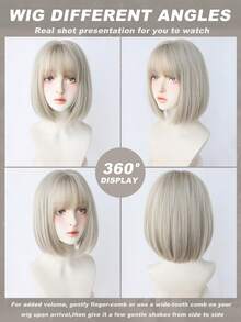 AKAKO 女士短直灰色假发，10英寸波波头假发，带刘海，耐热纤维柔软合成全机织发，彩色动漫角色扮演假发，适合日常派对、节日、音乐节角色扮演，以及前卫的Y2K和哥特街头风格。 - 灰色 - 查看 5