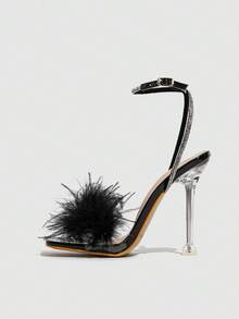 Giày sandal cao gót nữ màu đen mũi vuông, hở mũi, đính đá lấp lánh, quai ngang mắt cá chân, trong suốt, thoáng khí, gót pha lê sáng bóng, thích hợp cho mùa hè. - màu đen - Xem 4