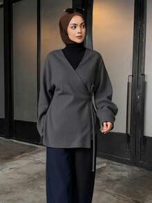 DAZY Chaqueta casual de manga larga con lazo y unicolor para mujer, para otoño/invierno - Gris - Ver 4