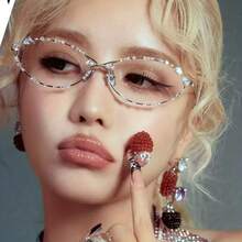 European And American New Small Frame With Diamond Metal Glasses Bow Decoration Versatile Y2K Flat Mirror Punk Style - Silver - View 2