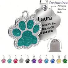 Personalized Engraved Pet Name Tag - High-Quality Glitter Paw Shape Cat Dog Collar ID Tag, Customized Pet ID Tag With Glitter Paw Design