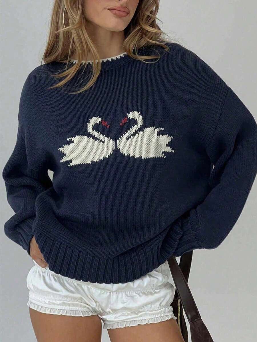 Suéter de punto de cuello redondo de manga larga con estampado animal para mujer - azul real - Ver 1