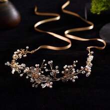 1pc Handmade White Flower Headpiece, Vintage Fashion Faux Pearl Bridal Headband, Hairclip-Free Retro Accessory For Travel, Photography, Elegant Occasions, Suitable For Wedding, French Style, Faux Pearl Graceful Hair Decor, Shiny Zinc Alloy For Proposal Valentine's Day Accessories - A - View 5